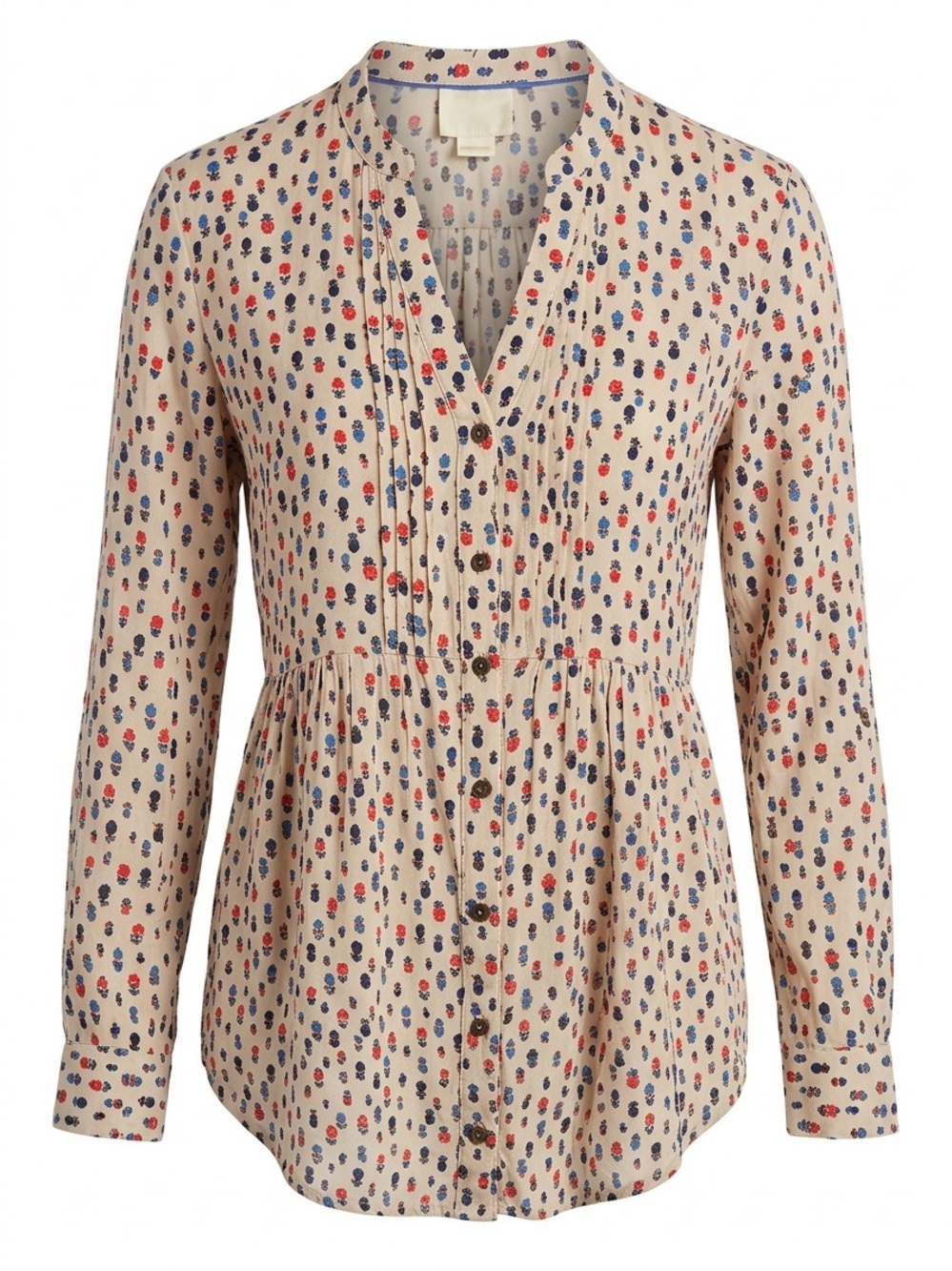 Maeve Cream Floral Button-Front Peplum Shirt with Red and Navy Print